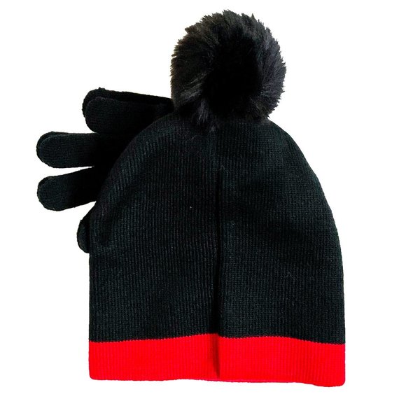 Disney Minnie Mouse Hat Gloves Set Girls Winter Knit Beanie Kids Red Black - Picture 2 of 2